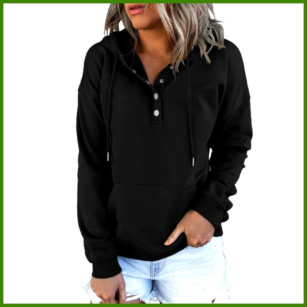 Button Collar Drawstring Hooded Pullover Sweatshirt Long Sleeve